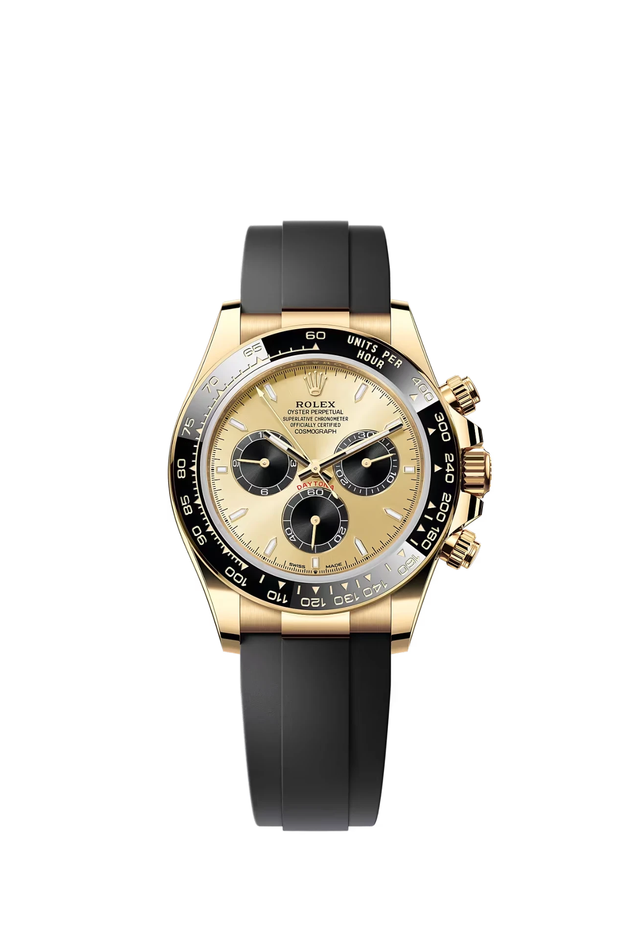 A Rolex Cosmograph Daytona in yellow gold with a black dial and Oysterflex strap