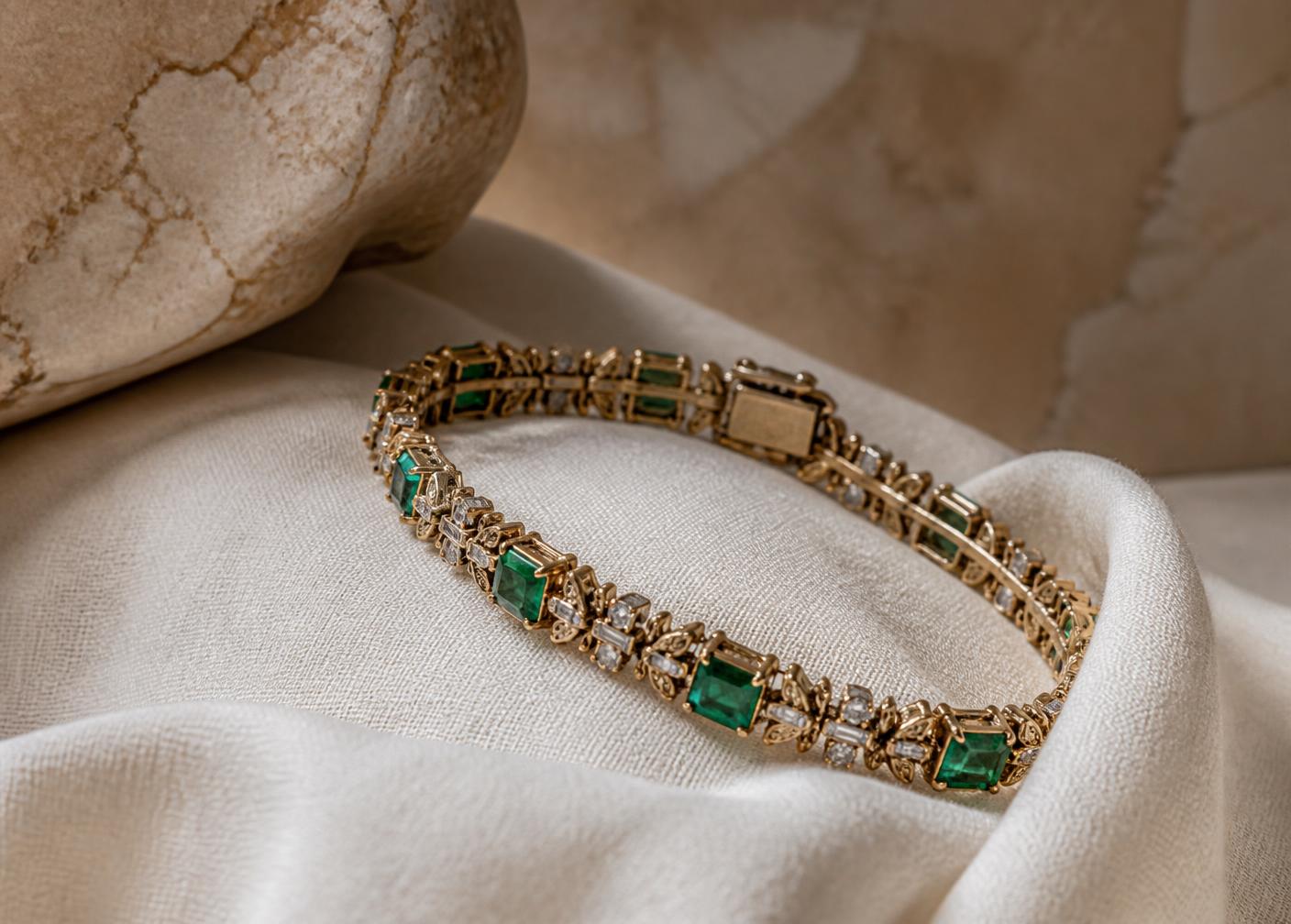 An antique emerald and diamond gold bracelet resting on cream linen