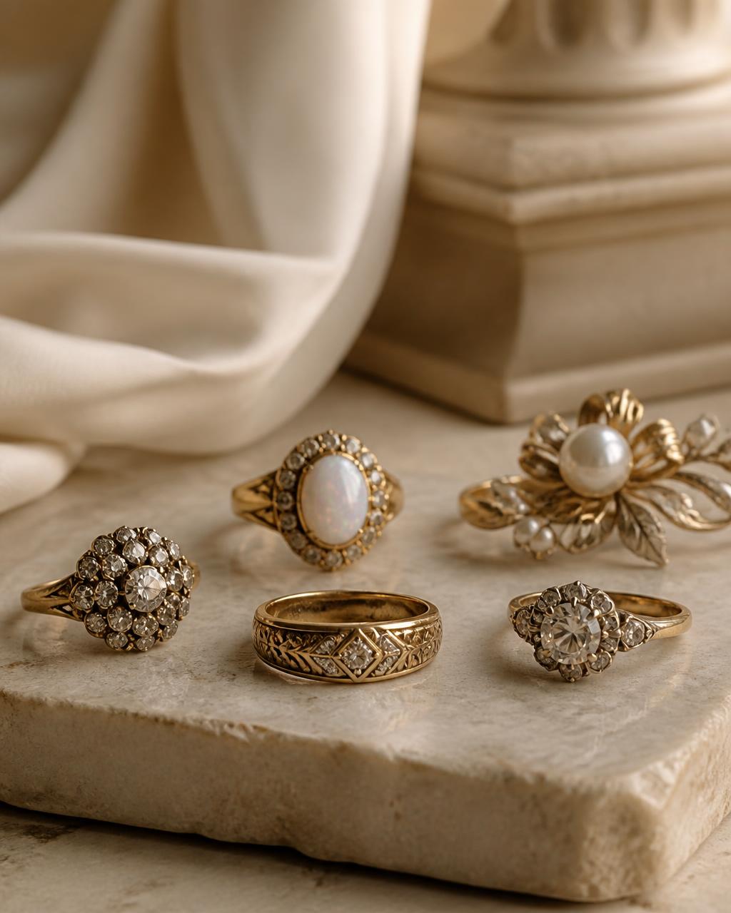Victorian and Art Deco gold rings arranged on warm stone