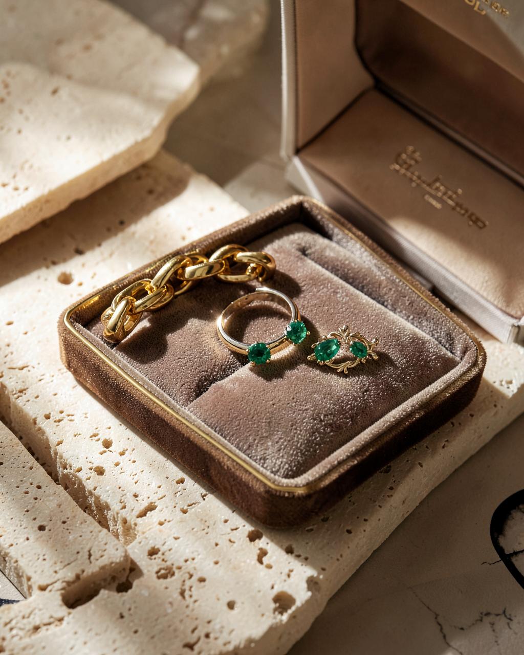 A gold link bracelet, emerald ring and signed brooch in a velvet tray