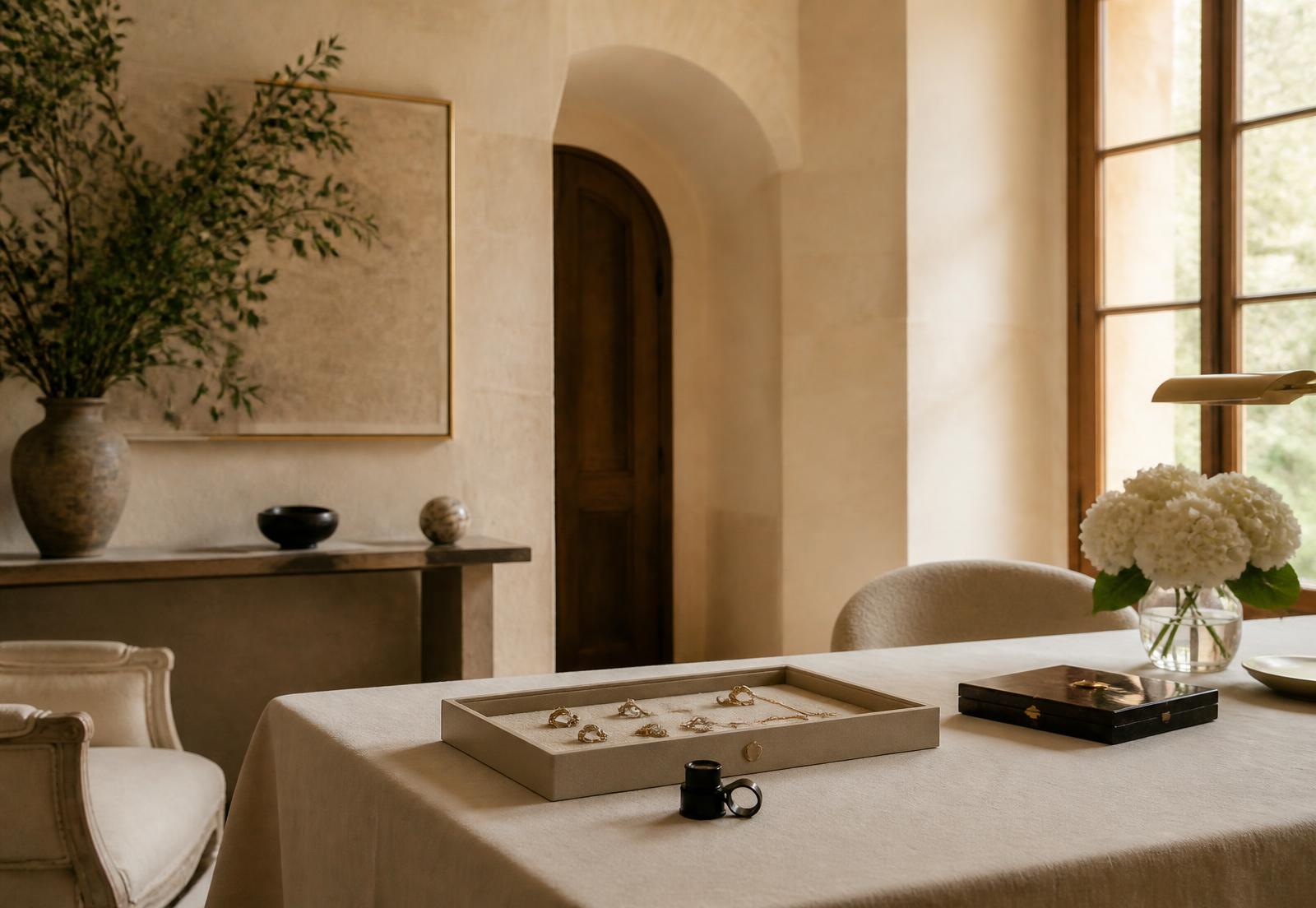 A private appointment room set with a jewelry tray, loupe and hydrangeas