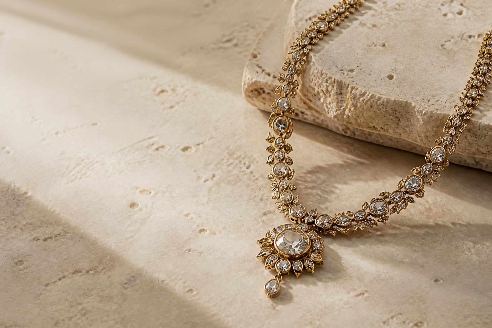 An antique yellow gold diamond necklace resting on warm ivory travertine